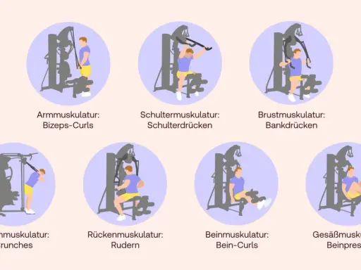 Illustrationen zeigen verschiedene Übungen für Kraftsport zu Hause an einem Gerät: Bizeps-Curls, Schulterdrücken, Bankdrücken, Crunches, Rudern, Bein-Curls und Beinpresse.