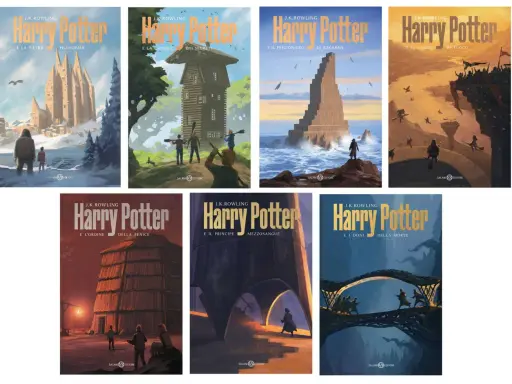 Copertine dei libri di Harry Potter della casa editrice Salani, con illustrazioni evocative delle avventure magiche.