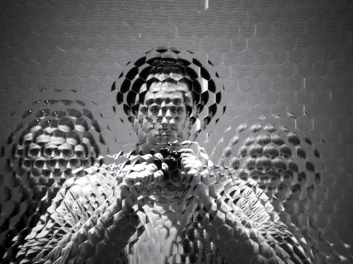 Autoritratto fotografico con volto multiplo e distorto da un effetto a nido d'ape.