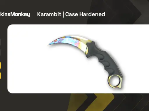 Karambit Case Hardened z CS:GO, jeden z najdroższych skinów, błyszczy tęczowymi barwami.