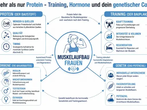 Grafik erklärt Muskelaufbau bei Frauen: Protein, Training, Hormone und Genetik sind Schlüssel für Muskelmasse.