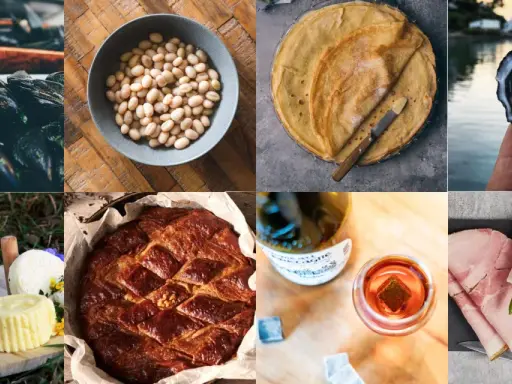 Moule, haricots, crêpes, huître, fromage, gâteau, whisky et charcuterie : un festin de plat typique bretagne.