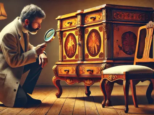 Un homme examine une commode aux caractéristiques style Louis XV, ornée de marqueterie et de sculptures. Une chaise assortie se trouve à côté.