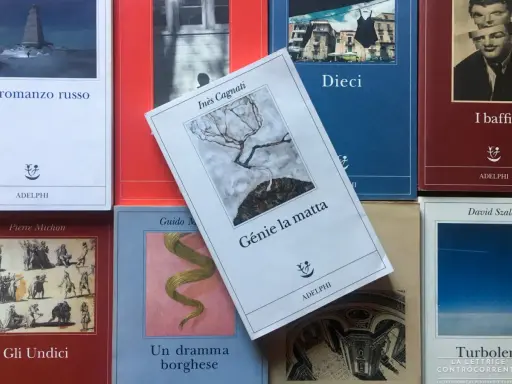 Libri Adelphi in primo piano, tra cui "Génie la matta" di Inès Cagnati, con un albero spoglio su sfondo grigio.