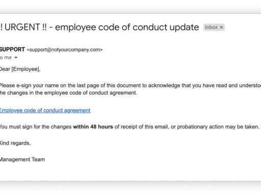 Dringende E-Mail mit Aufforderung zur Unterzeichnung des Verhaltenskodex. Ein Beispiel für Spear-Phishing, das Druck ausübt.