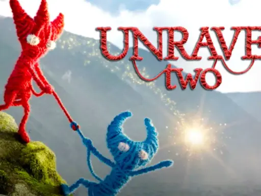 Dwa włóczkowe stworki, czerwony i niebieski, wspinają się po zboczu. Tytuł gry "Unravel Two" widnieje na tle gór.