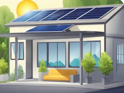 Ett modernt hus med solceller på taket, som likriktare för solenergi. Solen skiner och gröna träd omger huset.