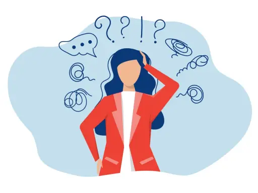 Femme perplexe, entourée de points d'interrogation et de spirales, évoquant le stress ou un test TDah.