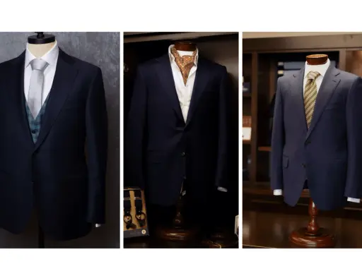 Three navy blue suit colors displayed on mannequins, showcasing different tie and vest combinations for a sophisticated look.