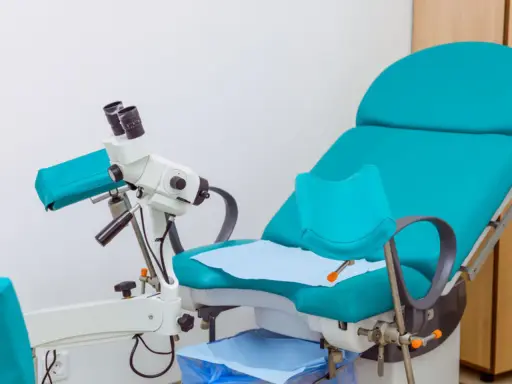 Gabinet ginekologiczny z fotelem i kolposkopem. Przygotowanie do badania urodynamicznego.