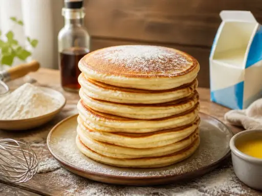 Pile de pancakes moelleux, saupoudrés de sucre glace. La recette parfaite pour un petit-déjeuner gourmand.