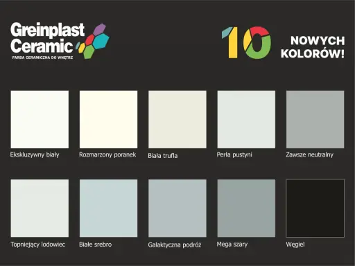 Paleta barw Greinplast Ceramic: od bieli, przez odcienie **kolor popielaty a szary**, po głęboki węgiel.