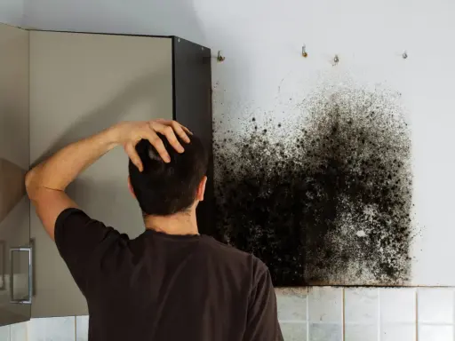 Mann kratzt sich am Kopf und blickt auf einen großen Fleck schwarzen Schimmel an der Wand neben einem Küchenschrank.