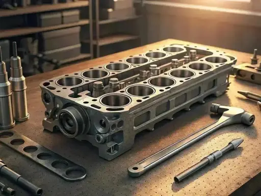 Bloque motor rajado con herramientas de mecánica.