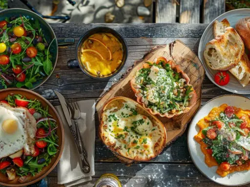 Un festin de paris nourriture : salades fraîches, œufs au plat, pain croustillant, soupe et plats colorés sur une table en bois.