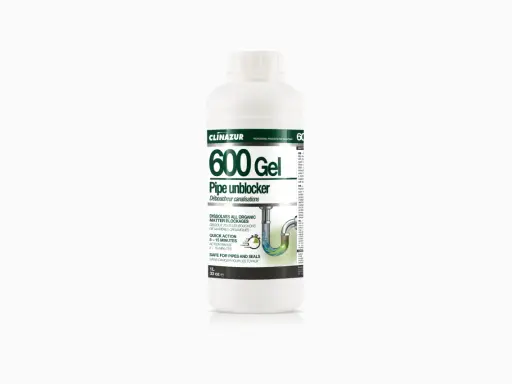 Jak używać kreta w żelu? Butelka Clinazur 600 Gel do udrażniania rur, rozpuszcza zatory organiczne.