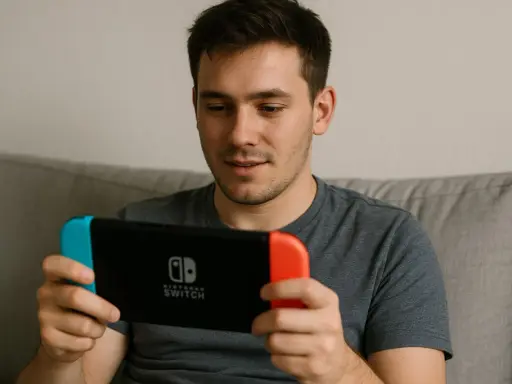 Mężczyzna gra na konsoli Nintendo Switch, szukając najlepszych gier na Switch.