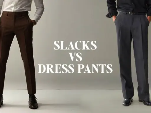 See what slacks look like: a man in brown slacks with a slim fit, and another in grey dress pants with pleats.