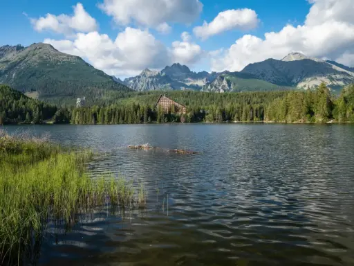 Jezioro w otoczeniu gór i lasów, z widocznym budynkiem hotelowym na drugim planie.