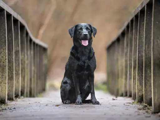 Czarny labrador siedzi na drewnianym moście. Zastanawiasz się, ile żyją labradory? Ten przyjaciel wygląda na zdrowego i szczęśliwego.