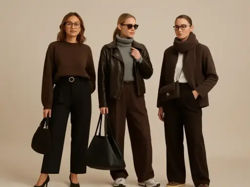 Trzy kobiety prezentują stylizacje. Jedna ma czarne spodnie i brązową bluzę. To świetna inspiracja, jakie spodnie do czarnej bluzy pasują.