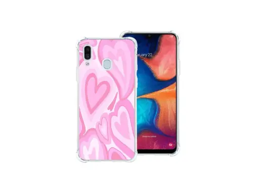 Przezroczyste etui na telefon Samsung A20e z różowymi serduszkami.