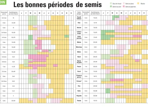Tableau des semis de légumes. Pour savoir quand semer les radis avec la lune, consultez la ligne "Radis" et les périodes indiquées.