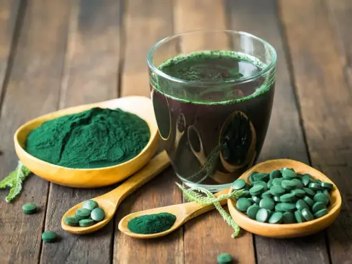 Spiruline en poudre, comprimés et boisson verte. Un trésor pour la santé et la beauté des cheveux.