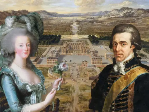 Axel von Fersen och Marie Antoinette framför ett palats. En ros i hennes hand, en blick mot framtiden.