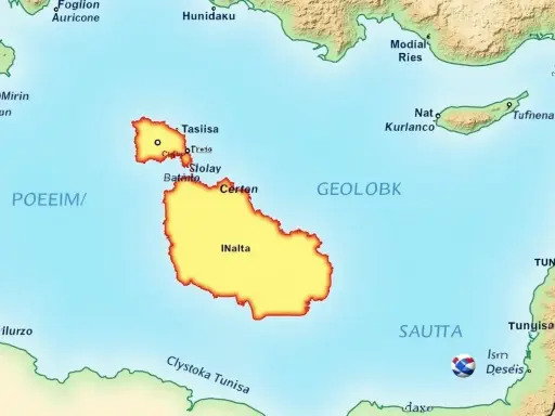 Malta na mapie Europy, jako żółta wyspa pośrodku błękitnego morza, otoczona nazwami miast i regionów.