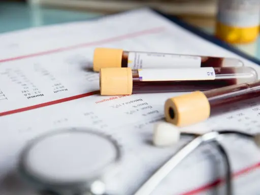 Wyniki badań wskazują, że mcv za wysokie. Obok leżą probówki z krwią i stetoskop.