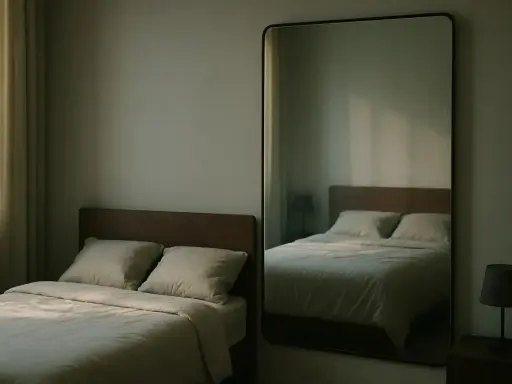 Un grand miroir en face du lit reflète la chambre, créant une impression d'espace et de sérénité. La lumière douce filtre à travers les rideaux.