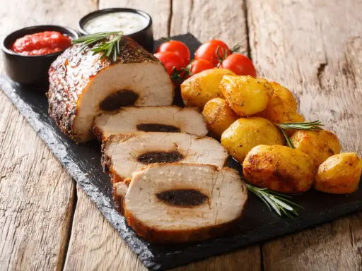 Pyszny schab ze śliwką, pieczone ziemniaczki, pomidorki i sosy. Idealny obiad!
