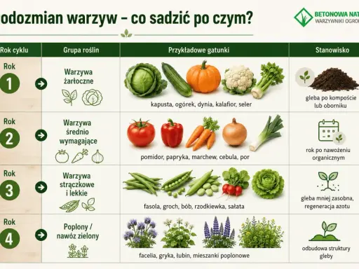 Tabela płodozmianu warzyw: rok 1 - warzywa żarłoczne (kapusta, dynia), rok 2 - średnio wymagające (pomidor, marchew), rok 3 - strączkowe (fasola, groch), rok 4 - poplony.