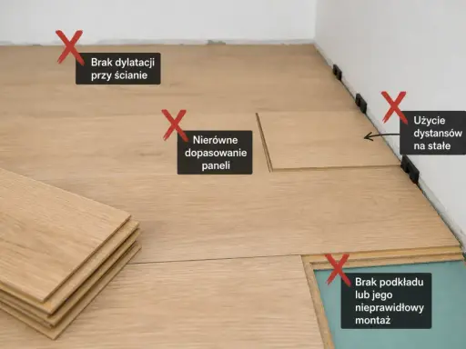 Błędy przy układaniu paneli: brak dylatacji, nierówne dopasowanie, użycie dystansów na stałe, brak podkładu. Poznaj prawidłowy wzór.