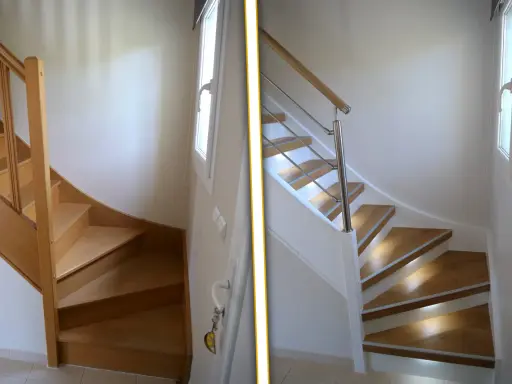 Avant/après : modernisation d'un escalier bois. L'ancien bois brut laisse place à un design épuré avec garde-corps moderne et marches lumineuses.