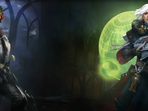 Mroczny oficer i siostra bojowa z Warhammer 40,000 Games, gotowi do walki.