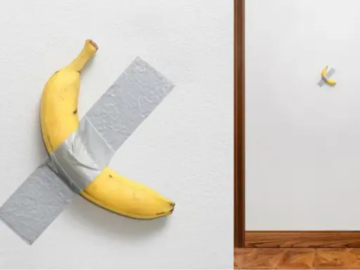 Un'opera d'arte banana, una gialla banana attaccata al muro con nastro adesivo grigio. A destra, un'altra banana, più piccola, fissata con nastro adesivo.