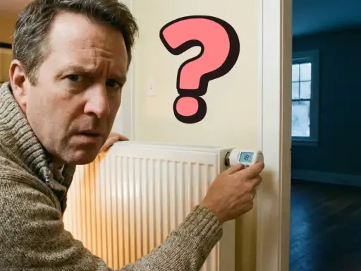 Hombre confundido mira un radiador con un gran signo de interrogación rosa, preguntándose como apagar la calefacción.