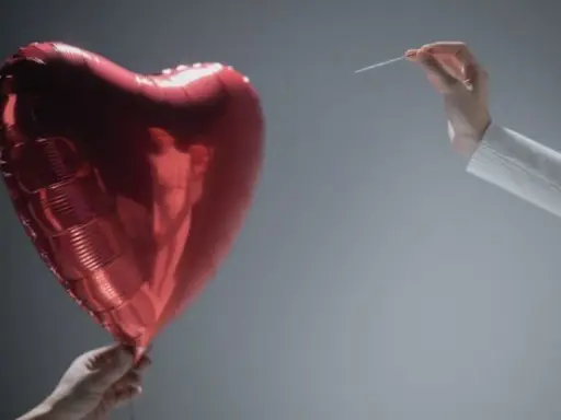 Czerwone serce-balon trzymane w dłoni, druga dłoń z igłą zbliża się do niego. Symbolizuje współżycie w trakcie rozwodu, które jest na skraju pęknięcia.