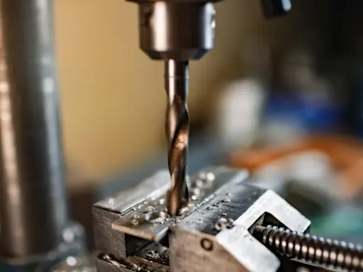 Wiertło wkręca się w metalowy element przytrzymywany przez imadło.