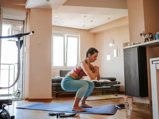 Frau macht Kniebeugen auf einer Matte, ein Beispiel für effektives **Eigengewicht Training** zu Hause.