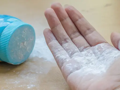 Mano con borotalco bianco sparso, vicino al contenitore blu. Attenzione: il borotalco è cancerogeno.