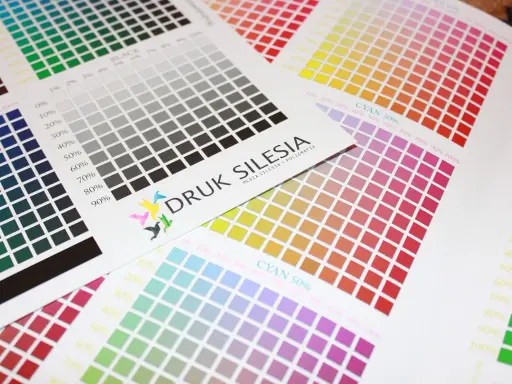Kolorowe wzorniki i skale szarości na papierze. Logo "DRUK SILESIA MEDIA SILESIA - POLIGRAFIA" świadczy o profesjonalnej drukarni poligraficznej.