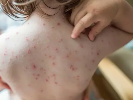 Un enfant se gratte le dos couvert de boutons de varicelle. Le traitement de la varicelle vise à soulager les démangeaisons.