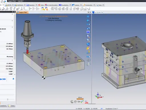 Simulazione CAD/CAM di una fresatura su una piastra di supporto. Il software mostra il processo di foratura, evidenziando il significato del cad cam nella produzione.