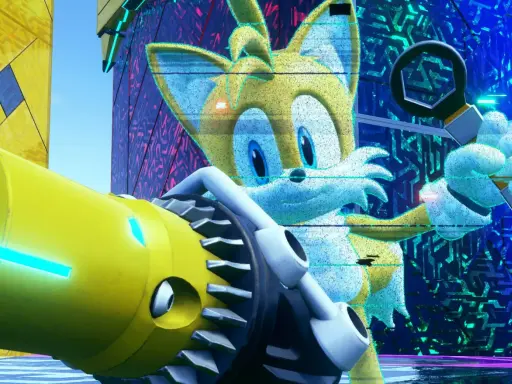 Tails z Sonic Frontiers naprawia coś przy użyciu klucza.