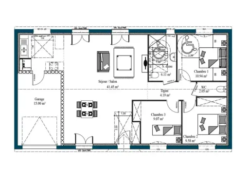 Plan d'un modèle de maison moderne avec garage, séjour spacieux, 3 chambres, salle d'eau et WC.