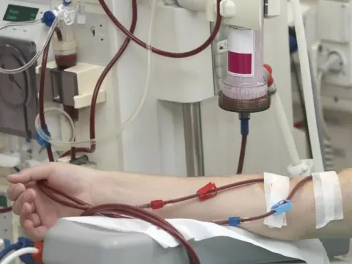 Dializa nerek jak długo można żyć? Pacjent podłączony do aparatury medycznej, krew krąży przez przewody.