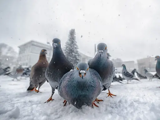 Un gruppo di piccioni si avvicina minacciosamente sulla neve, un'immagine che potrebbe scatenare la fobia dei piccioni.